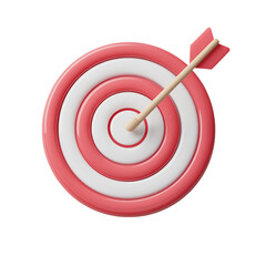 3D icon of a target with an arrow, in a red and white color scheme, Cartoon plastic style isolated on a transparent background, PNG file.
