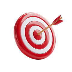 3D icon of a target with an arrow, in a red and white color scheme, Cartoon plastic style isolated on a transparent background, PNG file.