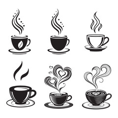 Obraz premium Black Coffee Cup Vector Set – Steaming Mug Silhouette