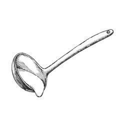 Vector hand-drawn illustration of a ladle with dough. Black and white sketch of the process of cooking.  © mashikomo