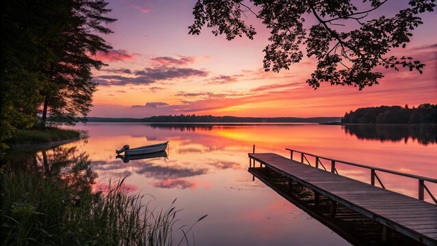 Serene sunset over calm lake with wooden dock and boat