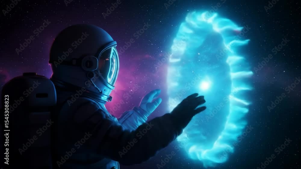 Poster astronaut interacting with celestial energy - a lone astronaut in a spacesuit reaches out to touch a