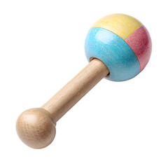 Wooden rattle with colorful painted spheres.