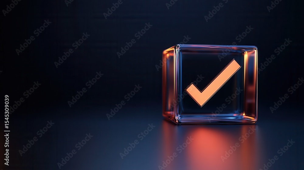 Poster a bright check mark glows within a transparent cube, showcasing a combination of vivid colors on a d