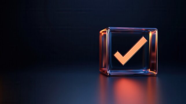 A bright check mark glows within a transparent cube, showcasing a combination of vivid colors on a dark background, evoking a sense of modern creativity