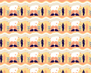 Elegant seamless Pattern of Silhouette Figures with Waves and Plants in a Warm Vector Illustration for Decor Designs. Vector illustration.