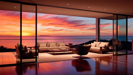 Modern living room with panoramic glass walls