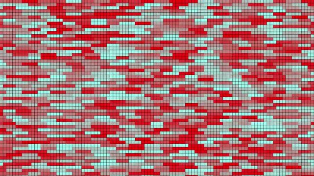 Horizontal red and aqua rectangles arranged in a grid pattern creating an abstract mosaic image