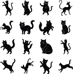 Elegant Feline Silhouettes A Collection of Black Cat Illustrations Depicting Various Poses and Expressions
