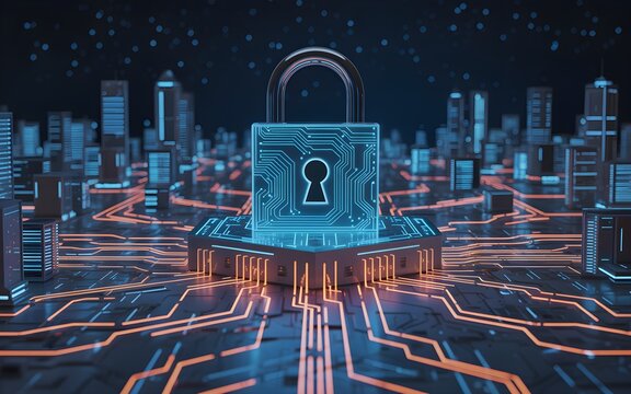 Futuristic cyberpunk cityscape with neon lights and padlock symbol for cybersecurity, blending smart city and technology themes.