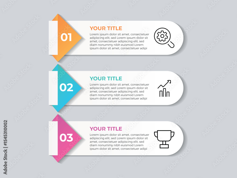 Poster chart infographic 3 point with round box and circle badge on center with horizontal direction for sl