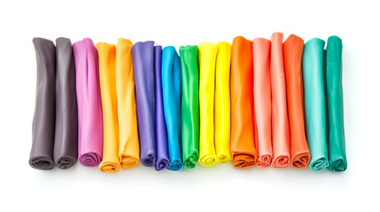 a neatly arranged row of colorful modeling clay, or possibly polymer clay, sticks against a clean white background. The colors span a wide spectrum, starting from a dark grey/brown