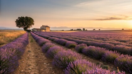 Fototapeta premium Lavender field in bloom with a house and tree at sunset 