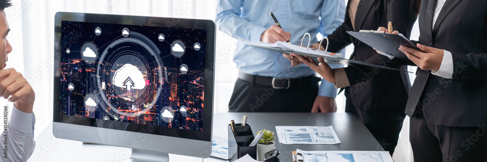 Poster business intelligence and data analysis concept. analyst team working on financial data analysis das