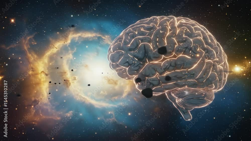 Poster cosmic brainpower - a 3d video of a human brain illuminated against a backdrop of a vibrant nebula i
