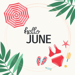 Hello June lettering phrase. Summer slogan with cute design elements. Vector illustration for card, scrapbooking, sale, background.