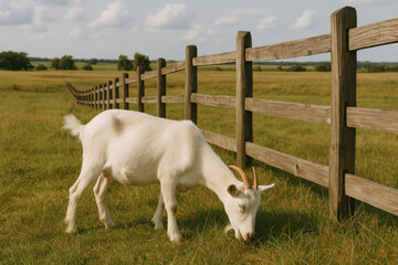 Goat grazing behind a fence in field.