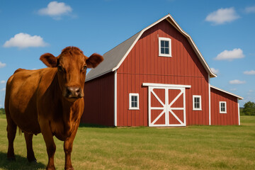 Brown cow standing in front of a red barn.