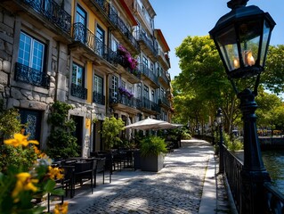 Riverfront Cafe, Sunny Day, Portugal