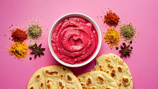 Vibrant pink dip with assorted spices and fresh bread on bold background
