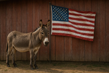 Donkey in front of flag.