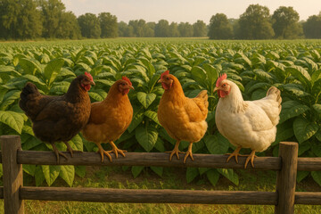 Chickens perched on fence.