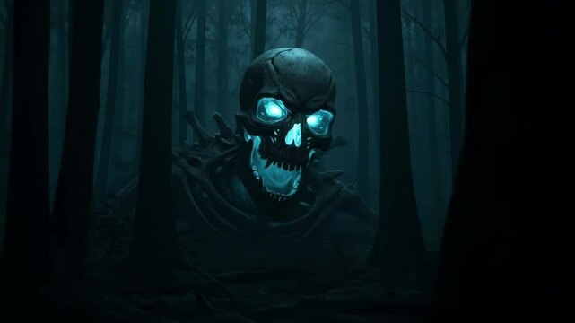 Glowing Skull in Dark Forest - A digital video of a skull with glowing teal eyes, seemingly emerging from a shadowy, misty forest at night. The scene evokes a sense of mystery and horror.