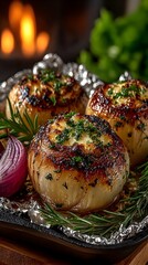 Roasted onions fireplace cozy autumnal meal