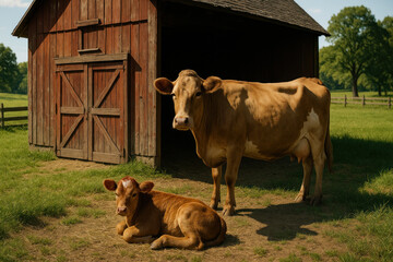 Cow and calf laying in field.