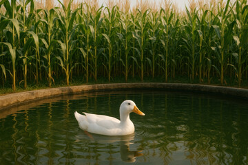 Duck swimming in pond among tall grass.