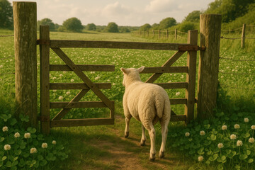 Sheep standing behind wooden gate in field.