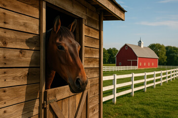 Horse peeking out of barn.
