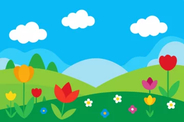 Selbstklebende Fototapeten Blau Spring landscape with colorful tulips and flowers  © amenagraphics