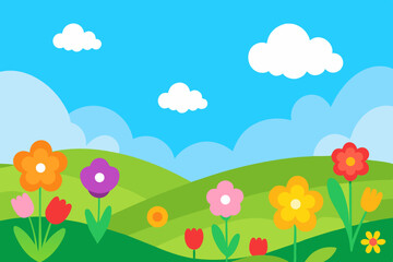 Obraz premium Happy spring meadow landscape with colorful flowers