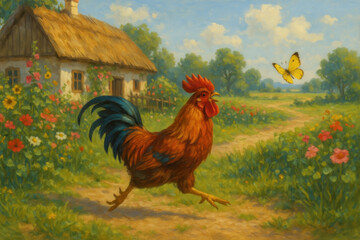 Rooster and butterfly in a painting, vibrant colors and detailed brush strokes capturing their beauty and contrast.