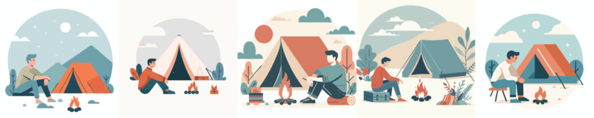 Set of People Camping with Tents and Campfire in Nature - Flat Vector Illustration