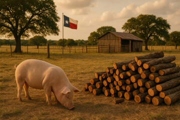 Pig standing next to logs.