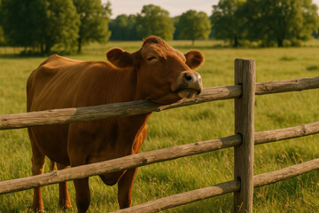 Brown cow peeking through wooden fence.