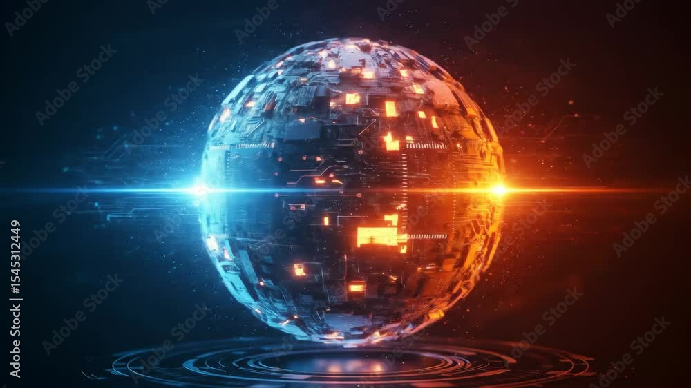 Poster futuristic tech sphere rotating in cyberspace - a 3d-video sphere composed of intricate circuitry gl