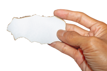 Hand Holding Torn White Paper with Burnt Edges - Isolated on Transparent Background. Ideal for Banner, Poster, Text Space, or Creative Design Mockup