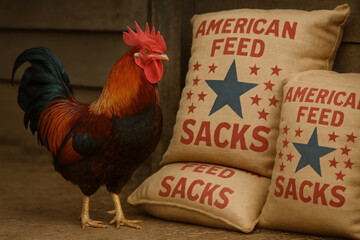 Rooster next to American Feed sacks.