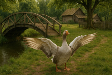 Duck with spread wings near bridge.