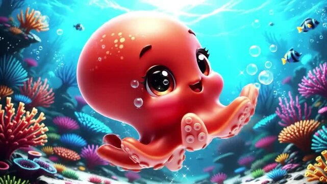 Adorable Cartoon Octopus in Vibrant Underwater Scene Ocean Life Illustration