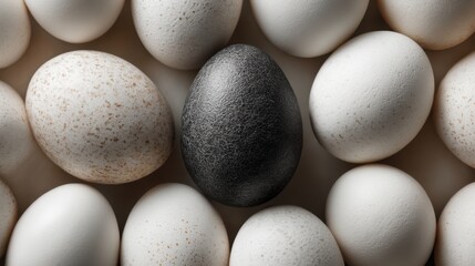Black egg stands out among white eggs in an artistic arrangement on a light surface
