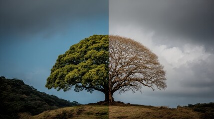 Comparison of a vibrant green tree and a bare tree illustrating the change from lively fullness to winter dormancy