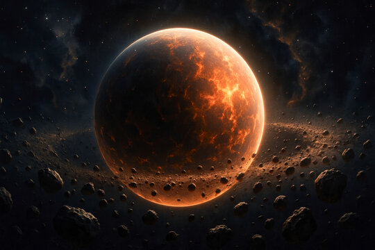 Red planet surrounded by asteroids.