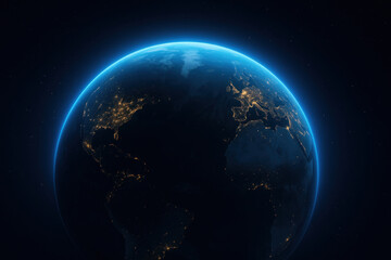 Nighttime globe photograph highlighting city lights against dark background.