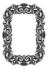 Ornate, detailed, monochrome frame with swirling floral and decorative elements, isolated.