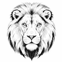 A hand drawn illustration of a standing male lion with a full mane, drawn in ink style. The sketch highlights strength and natural form, presenting a classic wildlife portrayal
