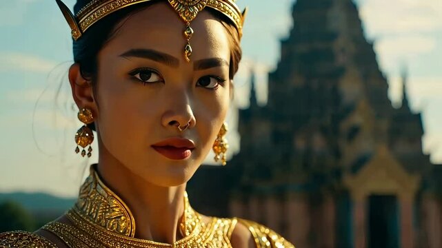 Majestic Southeast Asian queen or empress with a golden crown in front of an ancient temple at sunset